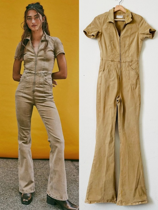 We The Free Pants - We The Free SMALL Hayde denim short sleeve flare jumpsuit in Pier 17 camel brown